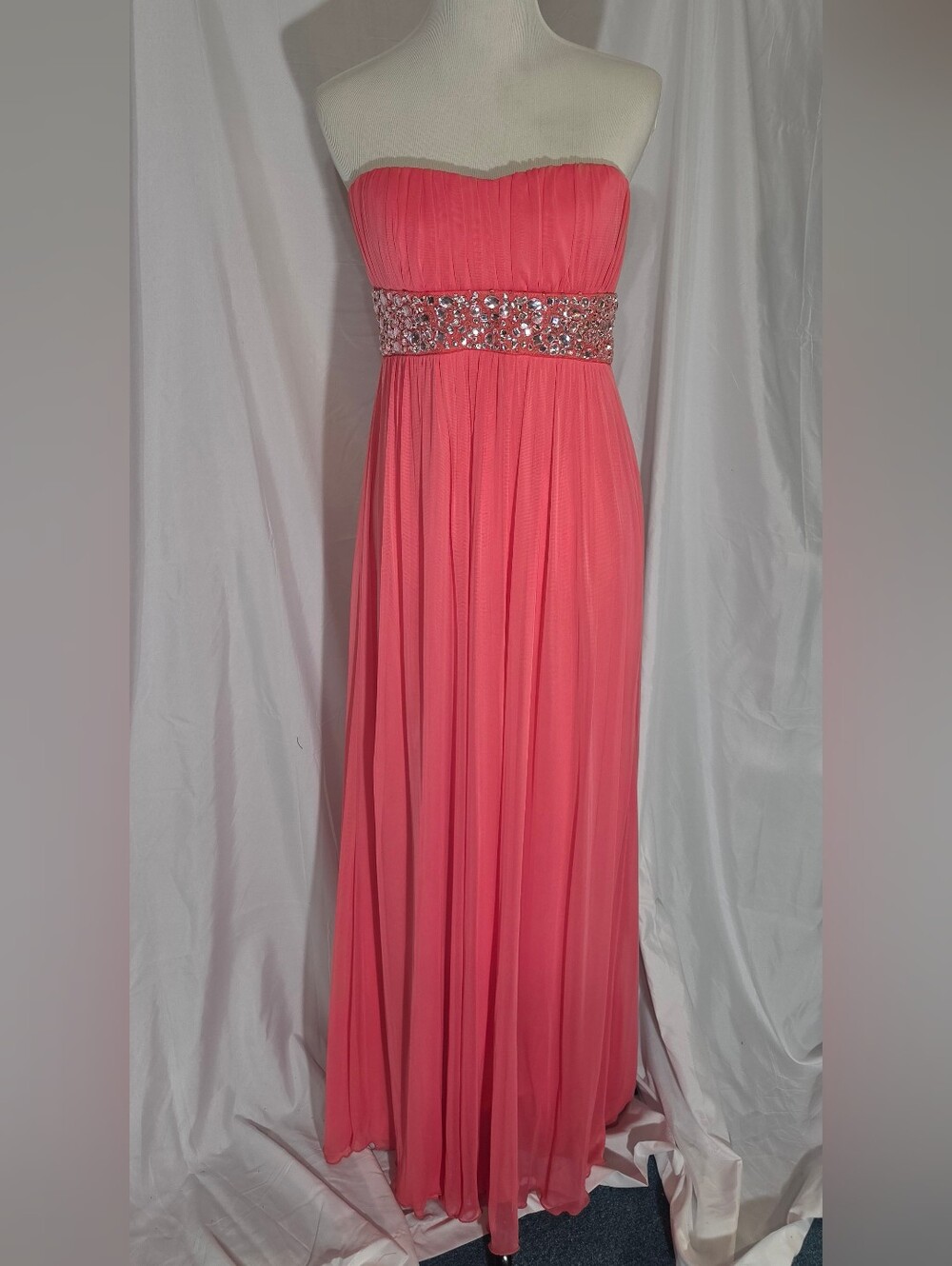 City Triangles Strapless Coral Pink Gown with Beaded Waist
